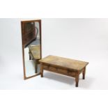 A Danish teak frame rectangular wall mirror inset bevelled plate, 45½” x 16½”; & a pine low coffee