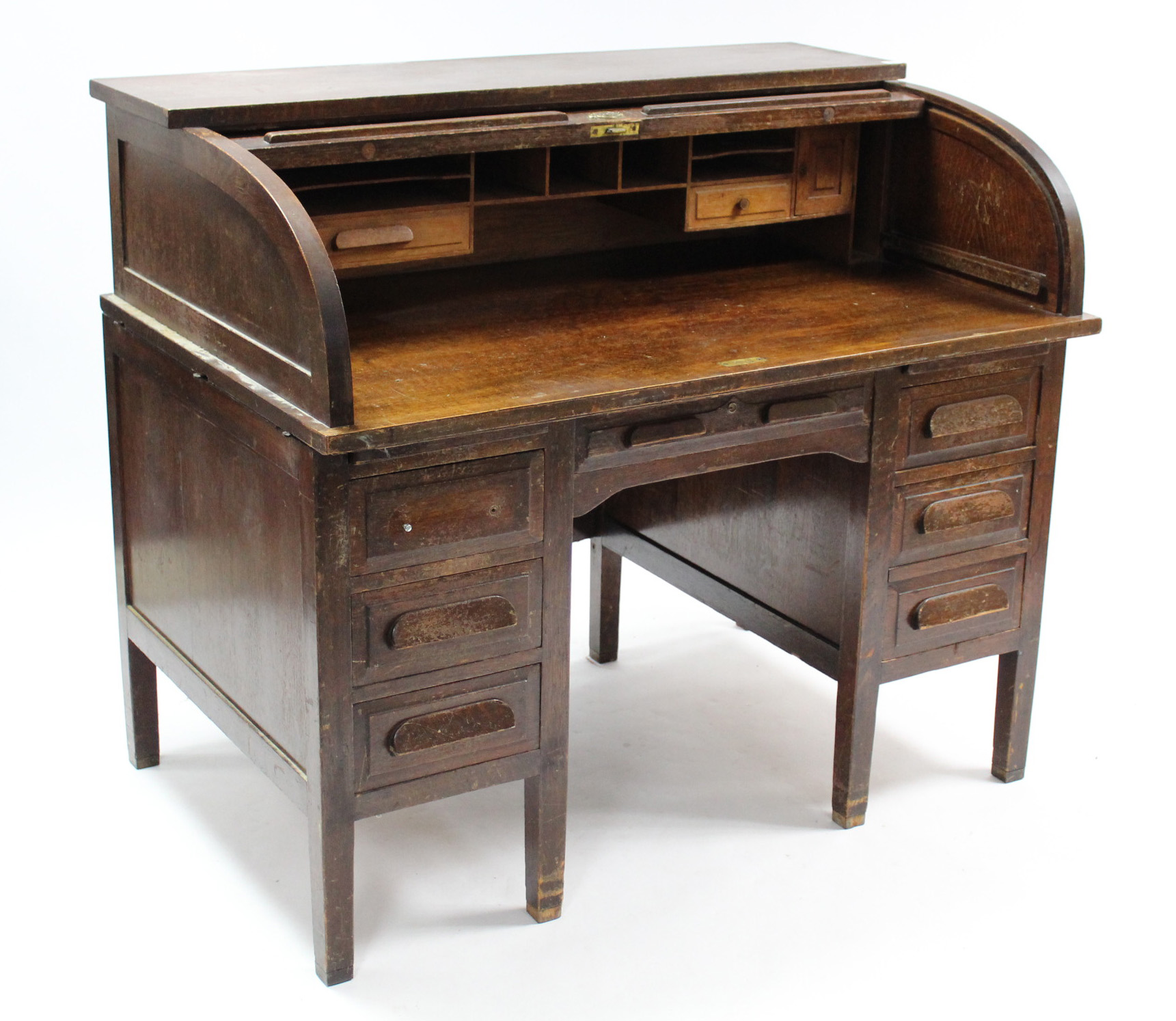An early 20th century oak roll-top desk with fitted interior enclosed by tambour shutter, fitted - Image 2 of 5
