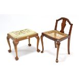 A beech rectangular dressing table stool with padded seat, & on slender cabriole legs & claw-&-