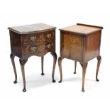 A mahogany bow-front two-drawer bedside chest on slender cabriole legs & pad feet, 19” wide; & a