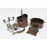 A copper helmet-shaped coal scuttle; a copper crumb tray & brush; a copper oval pot, & various items
