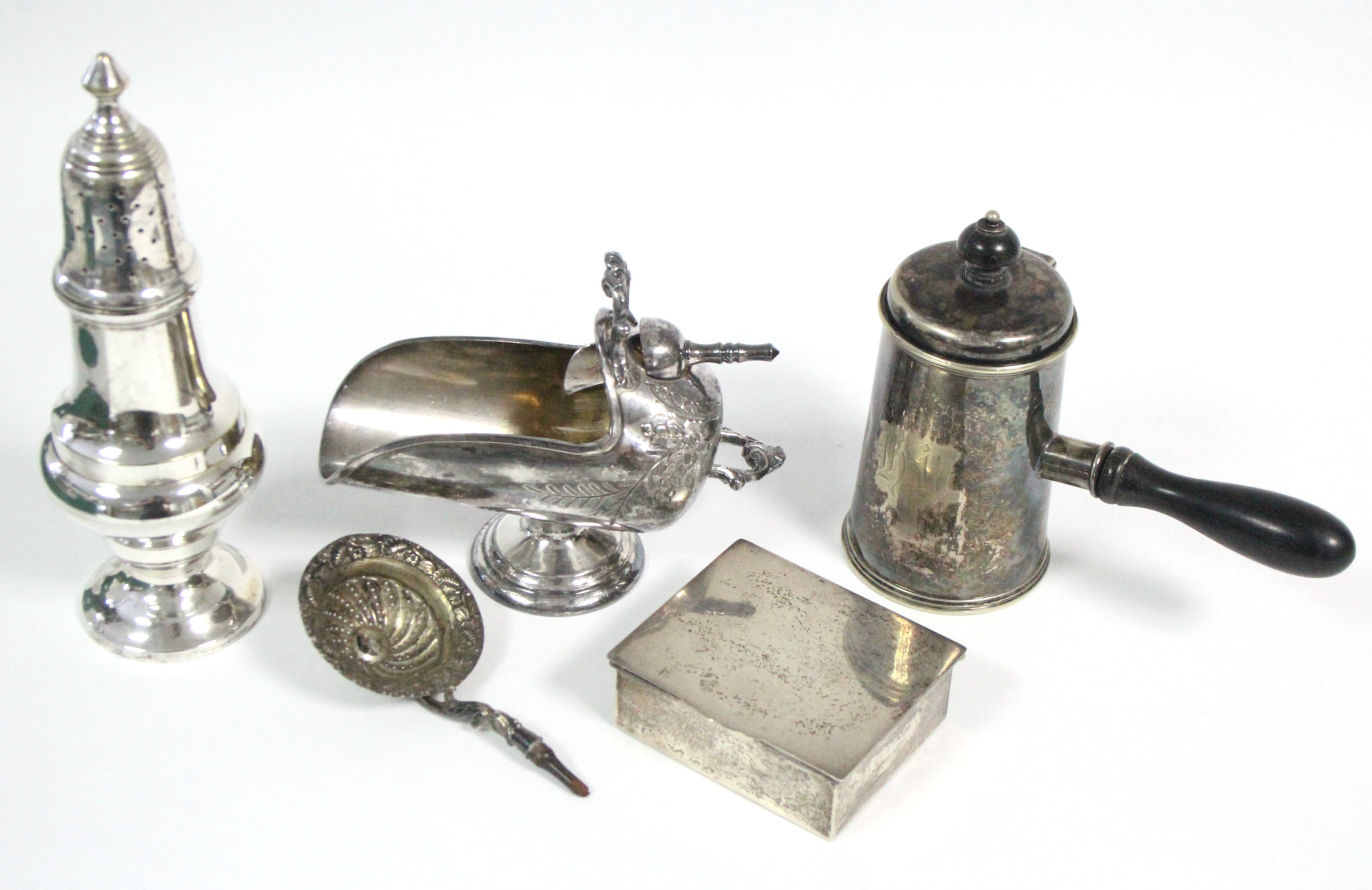 A large electro-plated sugar castor, 8¼" high; a ditto sugar scuttle; a lidded pot with turned
