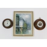 Two aneroid wall barometers, each in cased wooden frame; & an oil painting on canvas, of a street