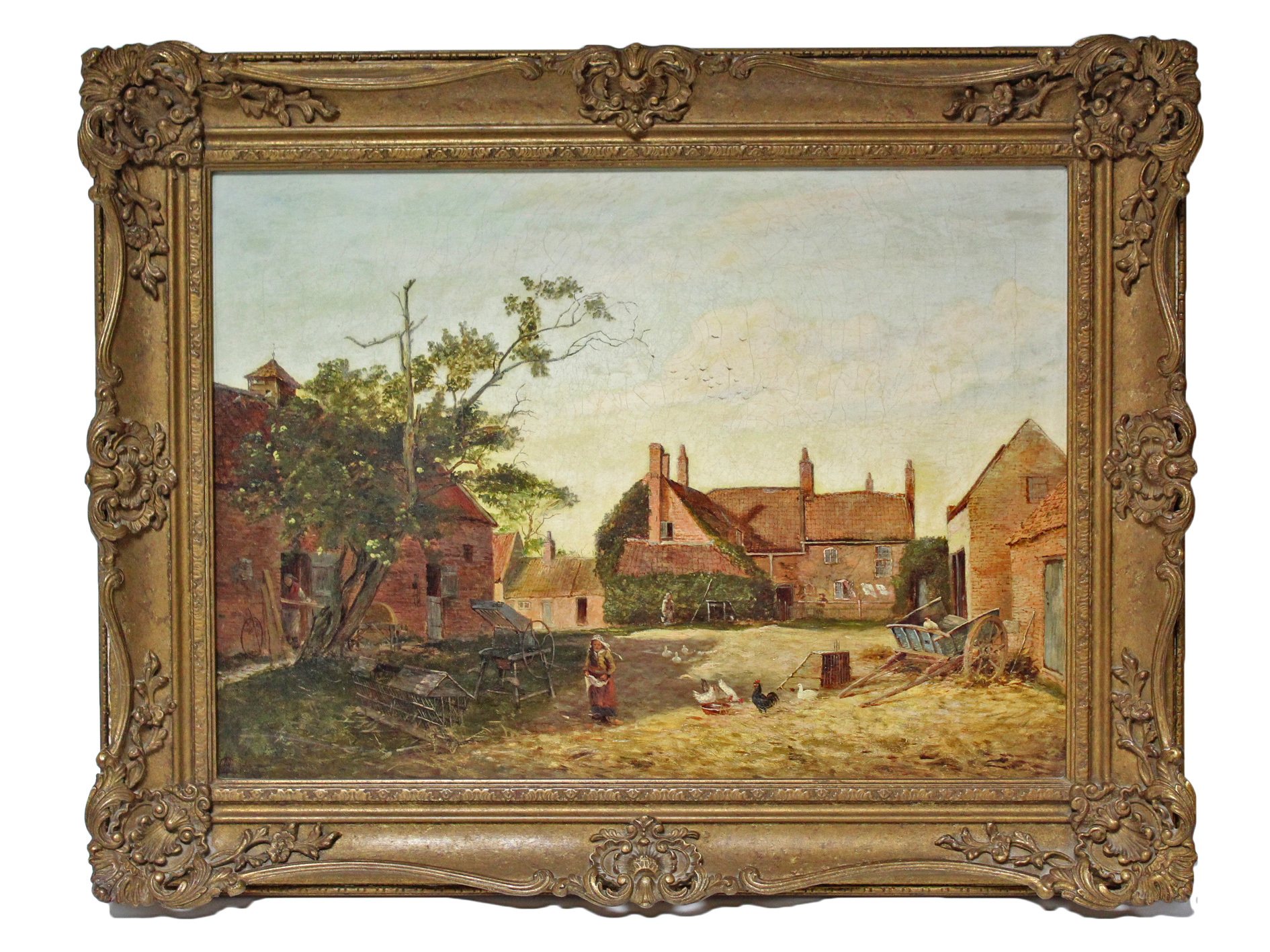 WILLIAMS, George Augustus (1814-1901). A farmyard scene with figures, poultry, & a hay cart to the