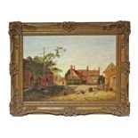 WILLIAMS, George Augustus (1814-1901). A farmyard scene with figures, poultry, & a hay cart to the