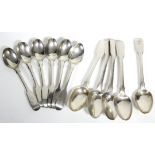 A set of six William IV silver Fiddle pattern egg spoons, London 1836 by Mary Chawner; & five odd