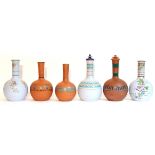 Six various terracotta bottle vases with floral & classical decoration, w.a.f.