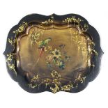 A late Victorian lacquer tray with shaped rim & gilt & polychrome decoration of a parrot perched