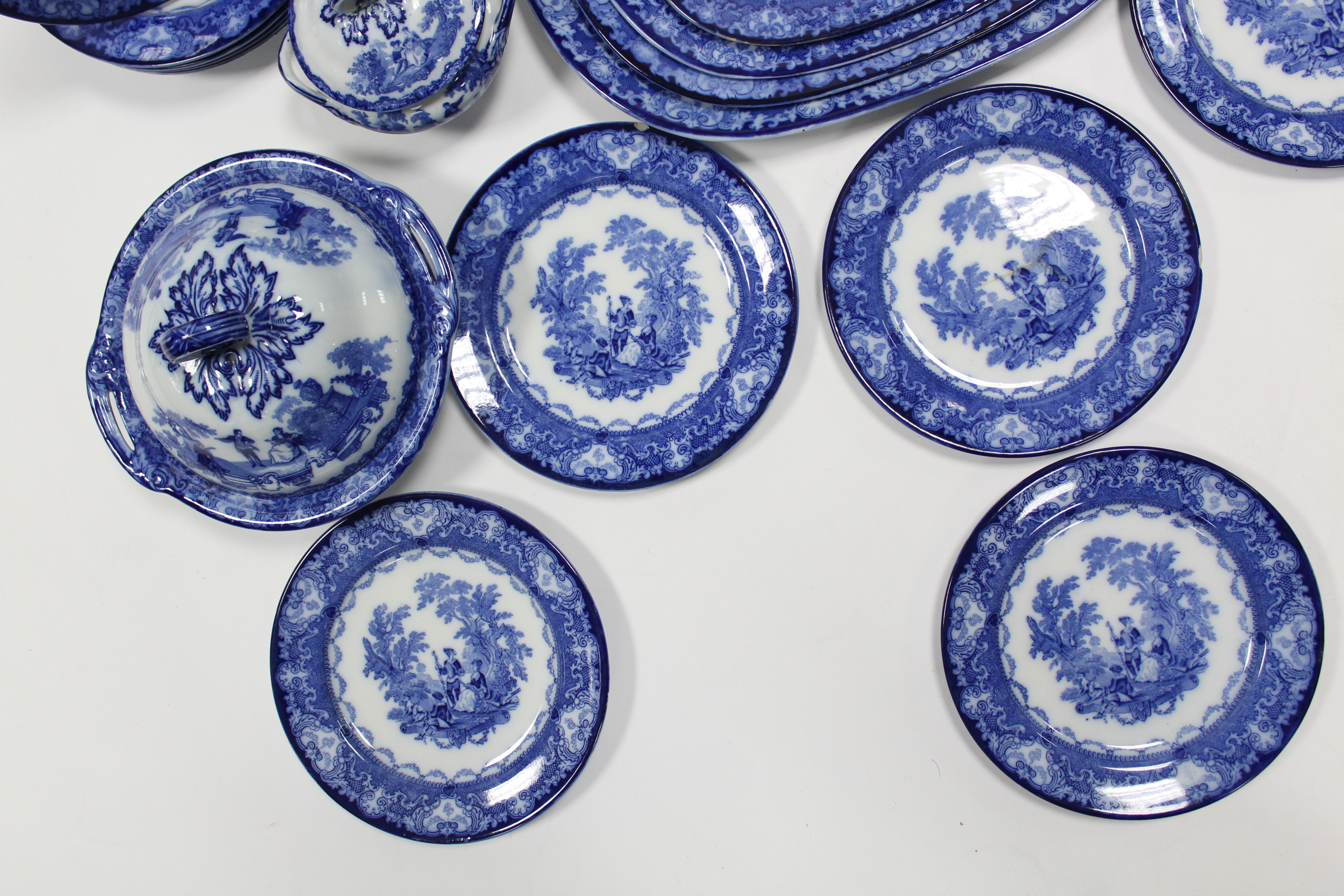 A Doulton Burslem ‘Watteau’ pattern blue transfer ware part dinner service comprising: four - Image 7 of 9