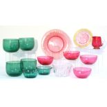 Seven various items of cranberry glassware comprising four 5” bowls, a 9¼” dish (rim chips), a 6¼”