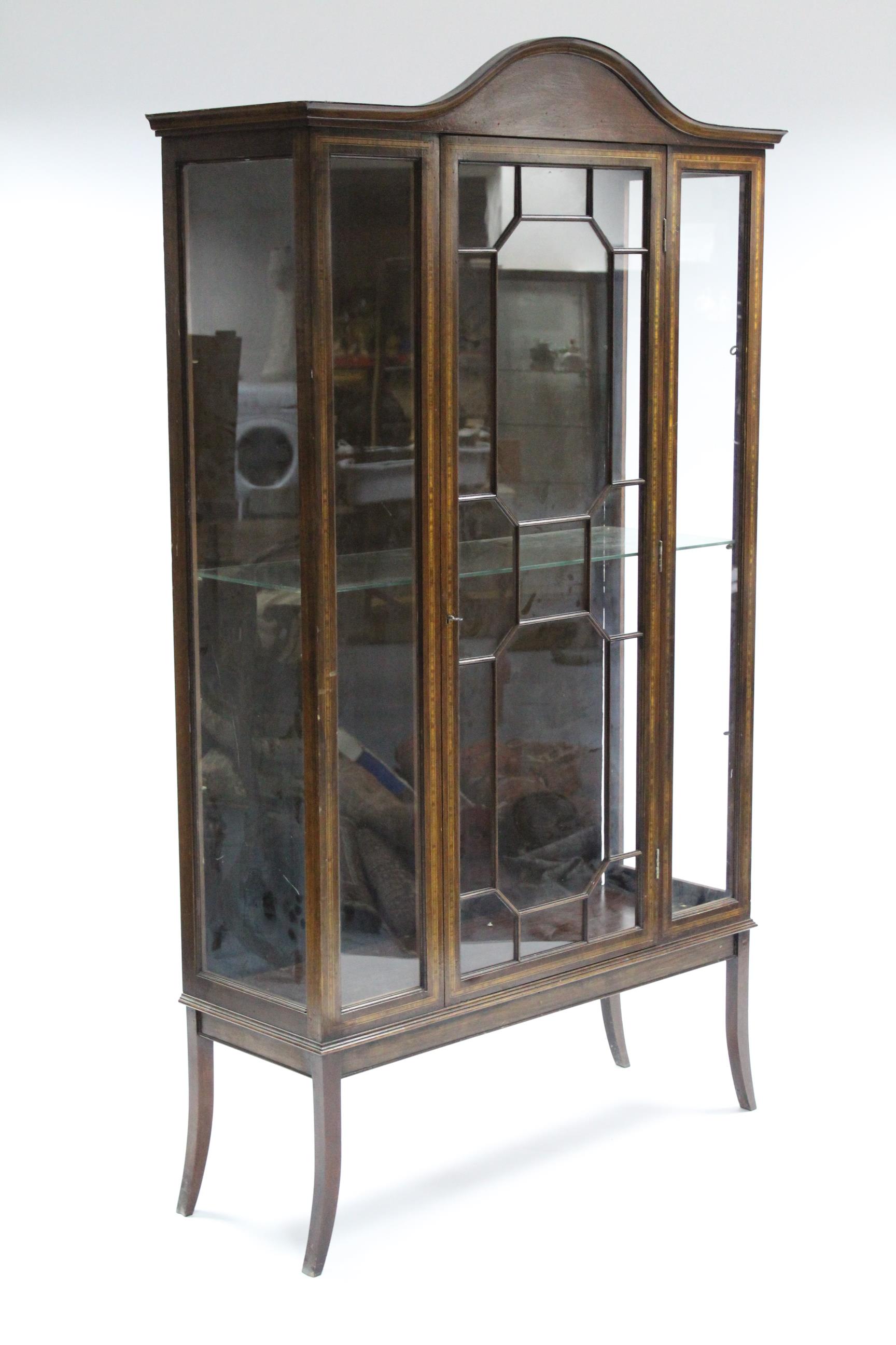 An Edwardian inlaid-mahogany tall china display cabinet fitted three open plate-glass shelves