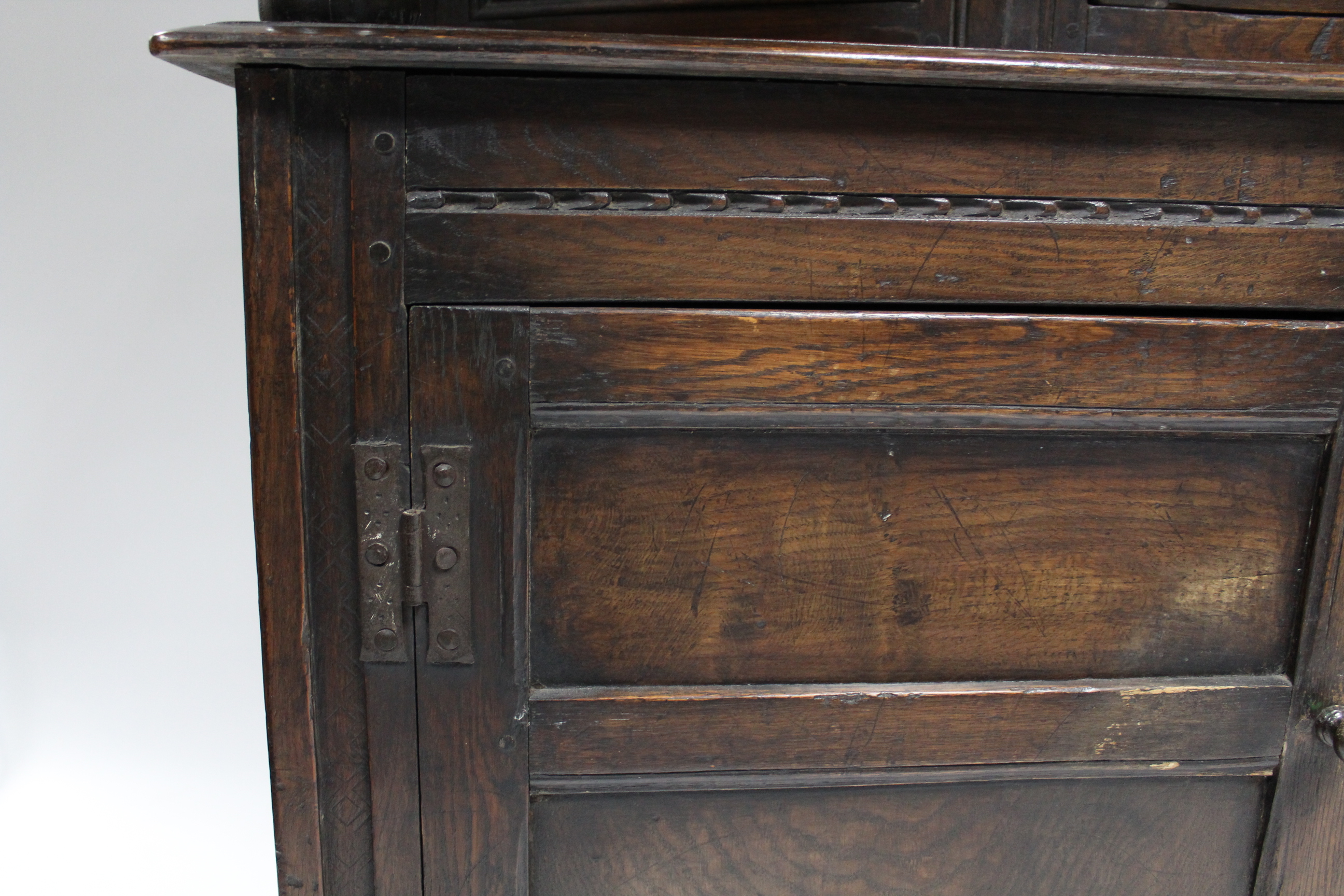 A 17th century-style joined oak court cupboard, the upper part with craved frieze & central panel - Image 5 of 8