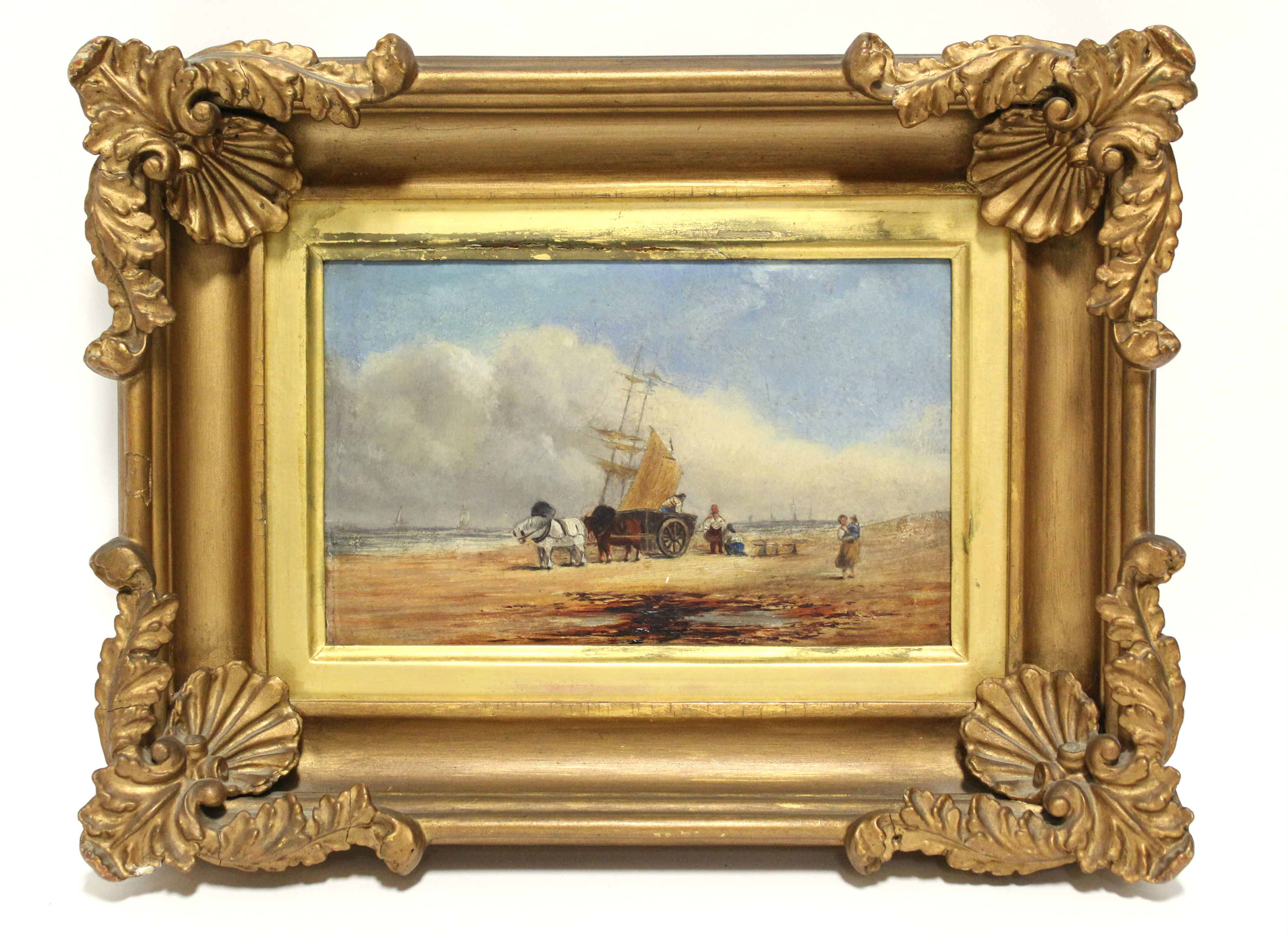 SHAYER, William (manner of ). A beach scene with a horse cart & figures un-loading the catch. Oil on