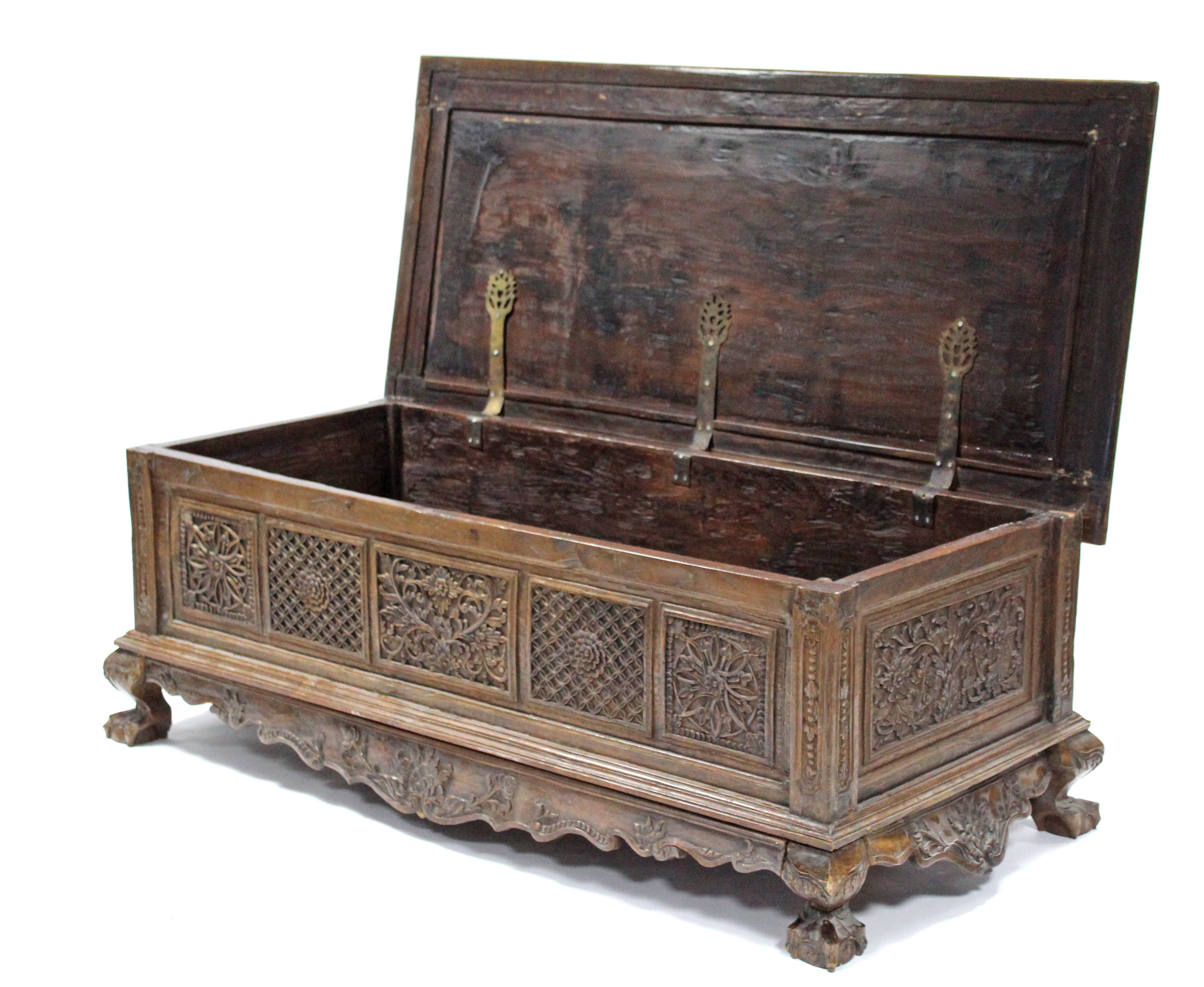 A 19th century INDONESIAN SOLID HARDWOOD CHEST, profusely carved to all sides with floral & - Image 3 of 11