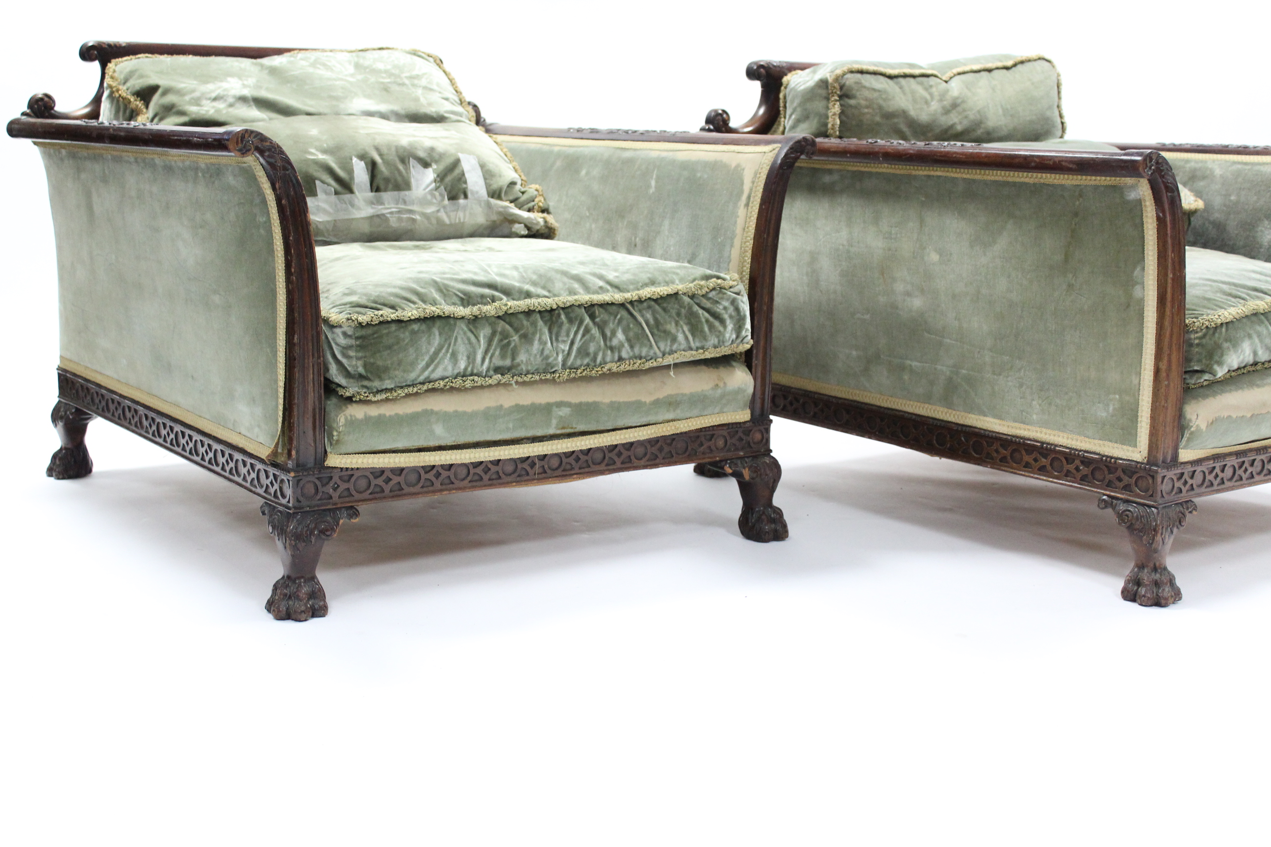 A late 19th/early 20th century carved mahogany frame three-piece suite with foliate arms, blind-fret - Image 10 of 12