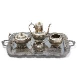 A large rectangular two-handled tray with cast grape-vine border & engraved centre, 29” x 18½”; &