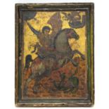 A Greek Icon, with gilt & polychrome decoration depicting St. George slaying the dragon; 14½” x
