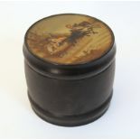 A black lacquered papier mâche tobacco box of barrel shape, with Troika scene decoration to the