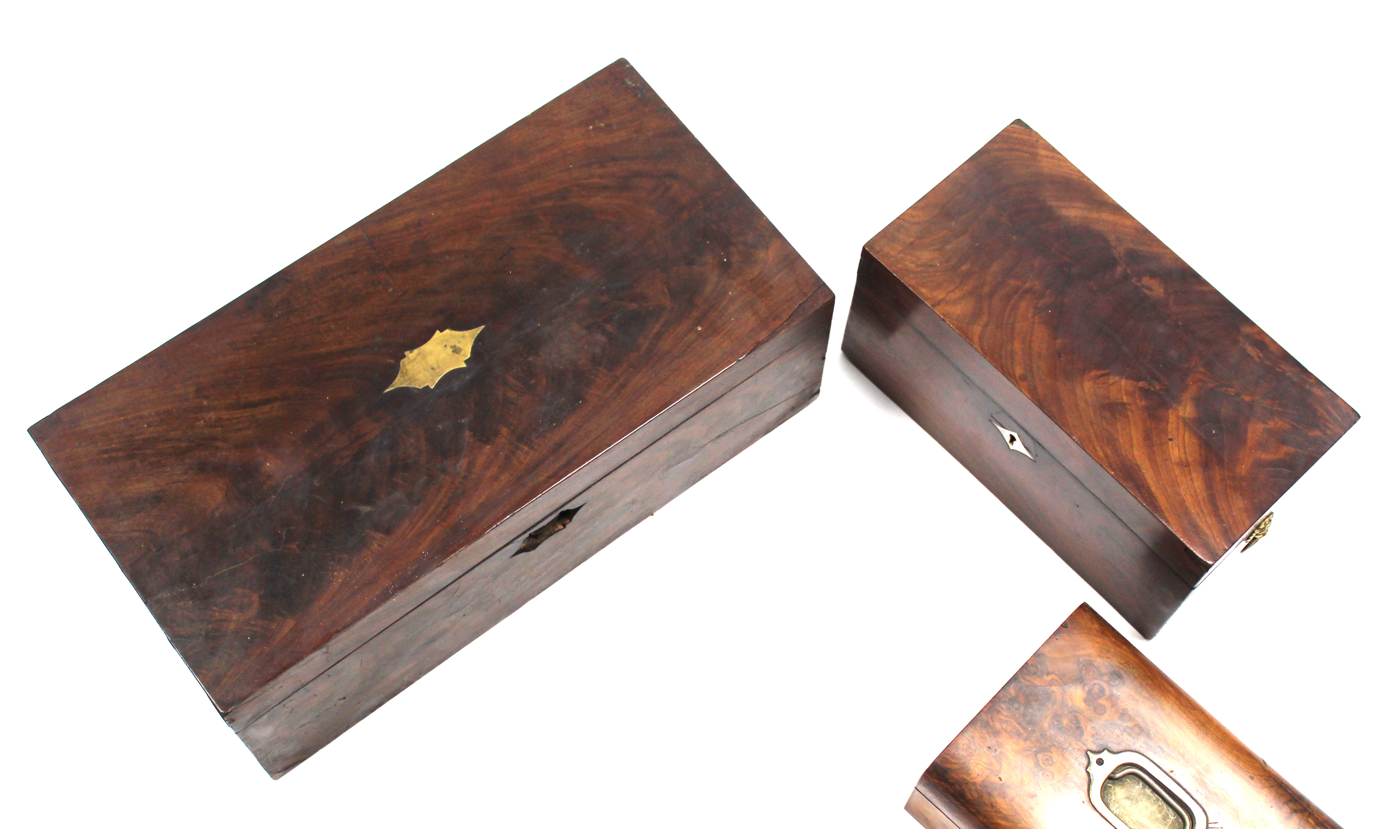 An early 19th century figured mahogany writing slope, 19¾” wide; a ditto tea caddy with lion- - Image 3 of 3