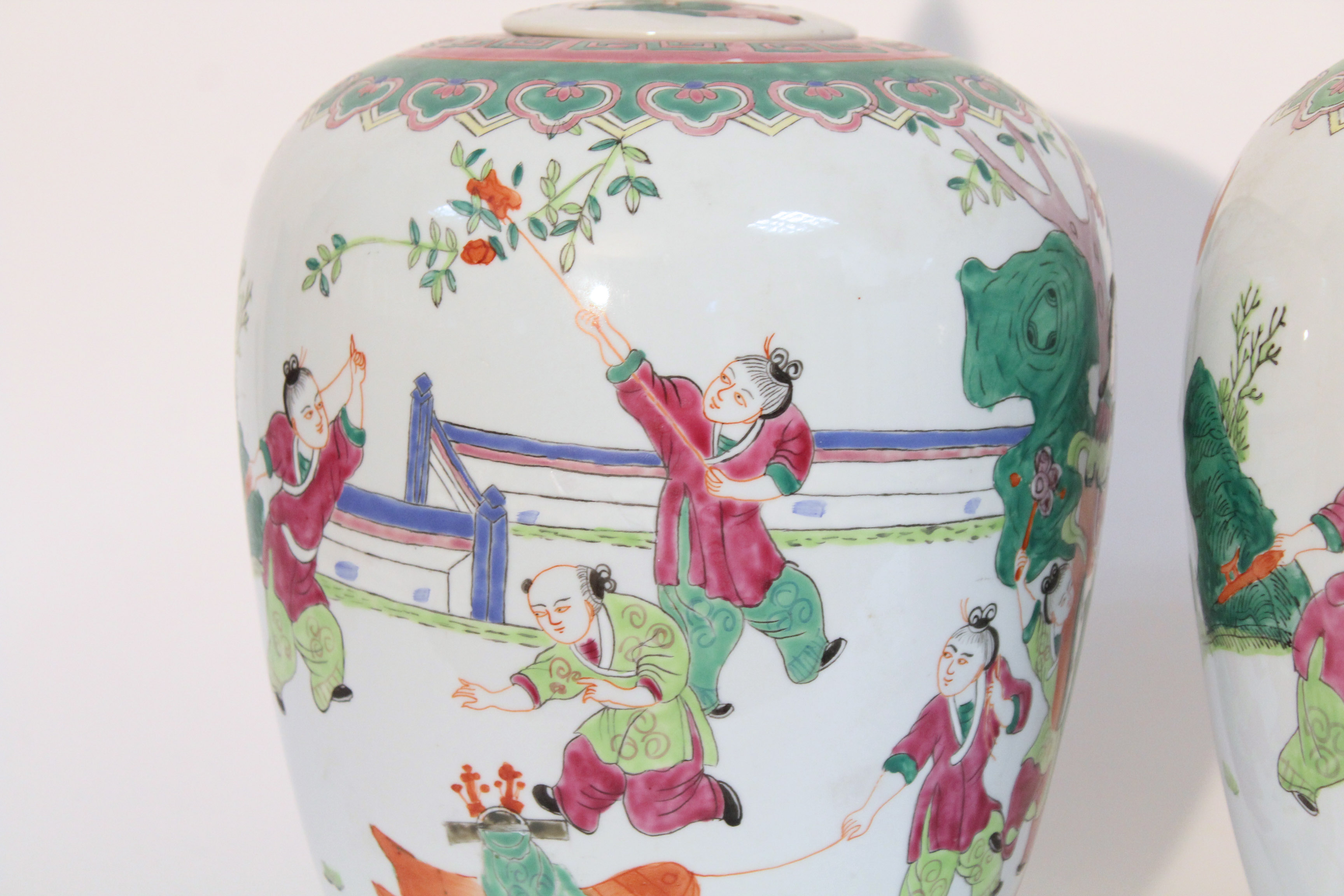 A pair of Chinese porcelain large ovoid vases & covers, decorated in famille verte enamels with - Image 6 of 10