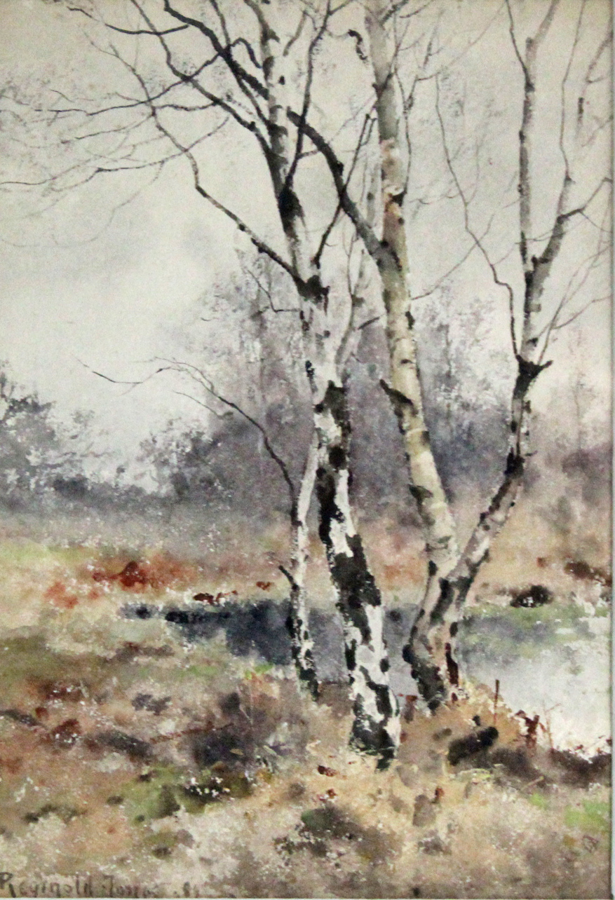 JONES, Reginald T. (1857-1904). A study of silver birch in marshland, titled “Mid Winter”.