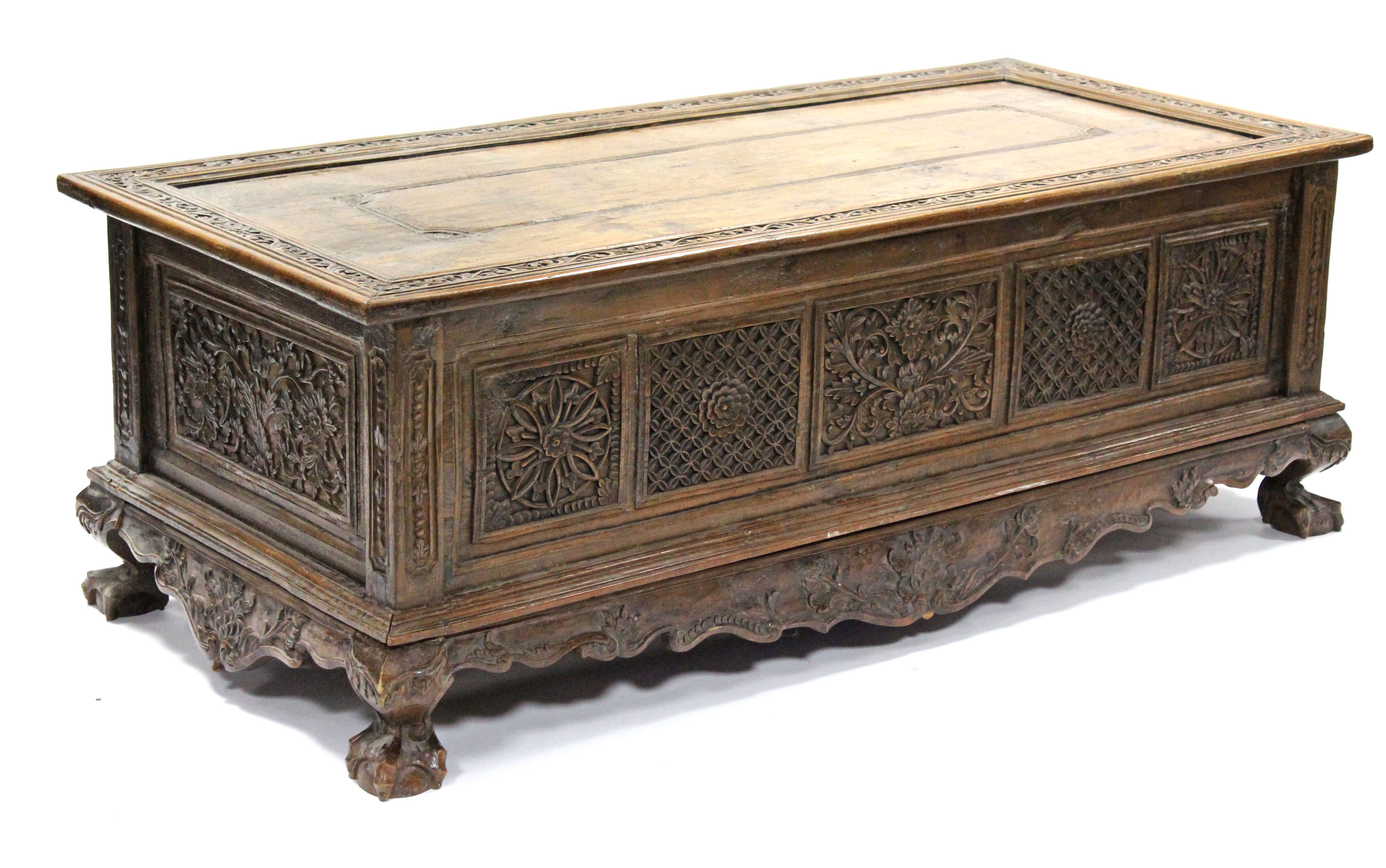 A 19th century INDONESIAN SOLID HARDWOOD CHEST, profusely carved to all sides with floral & - Image 6 of 11