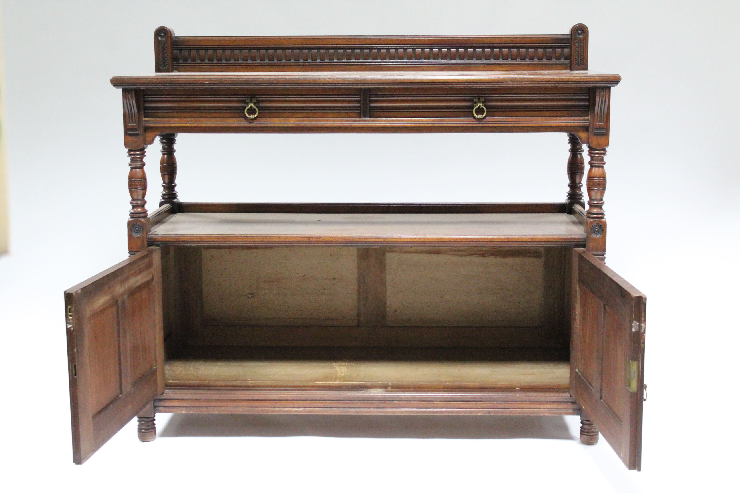 A late Victorian carved mahogany two-tier dumb waiter by Gillow & Co., fitted two frieze drawers - Image 3 of 7