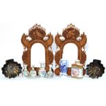 A pair of eastern carved wood picture frames; a Samson porcelain tea caddy, 4½” high (lid restored);