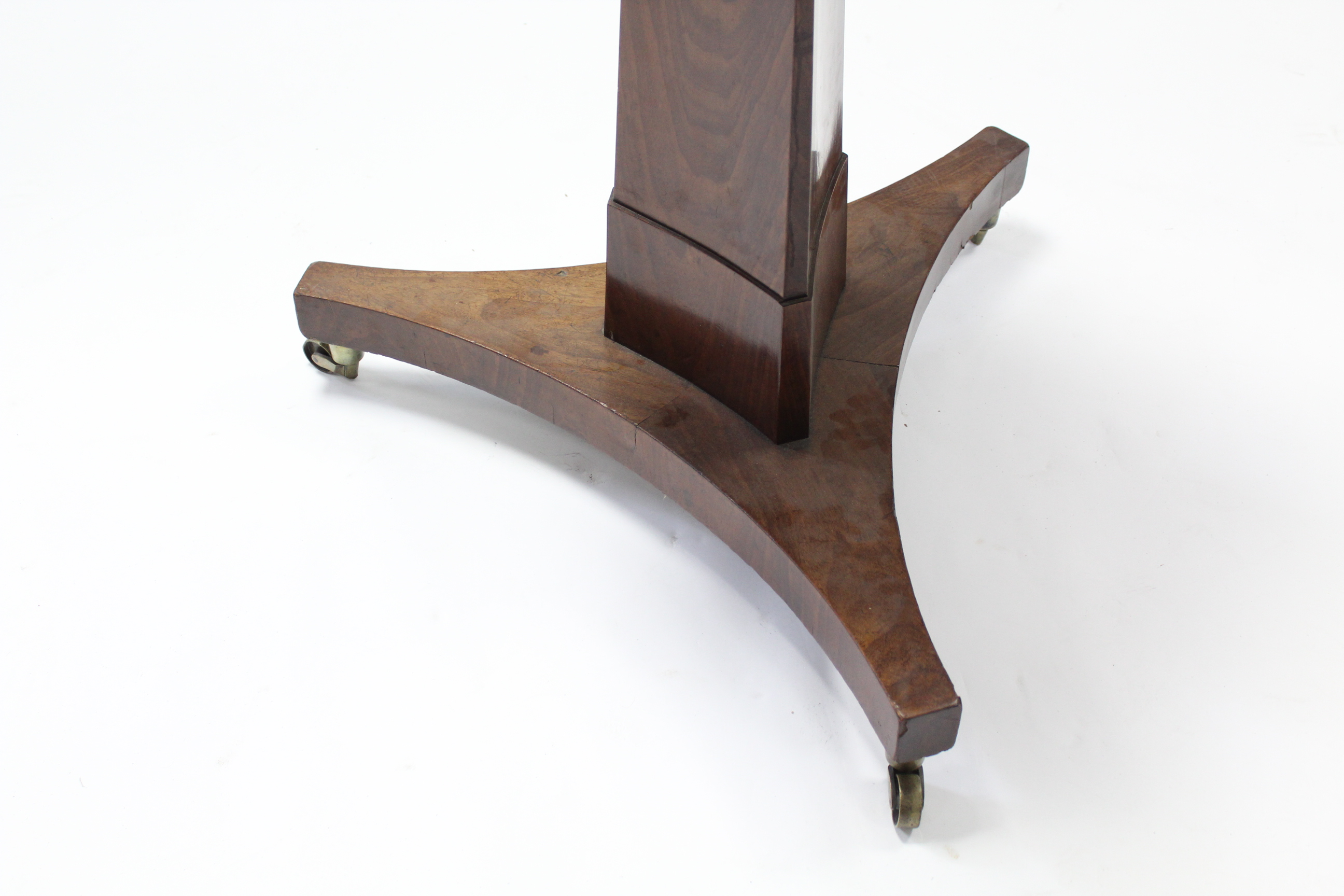 A 19th century mahogany breakfast table with plain rectangular tilt-top, on triform base with - Image 3 of 4