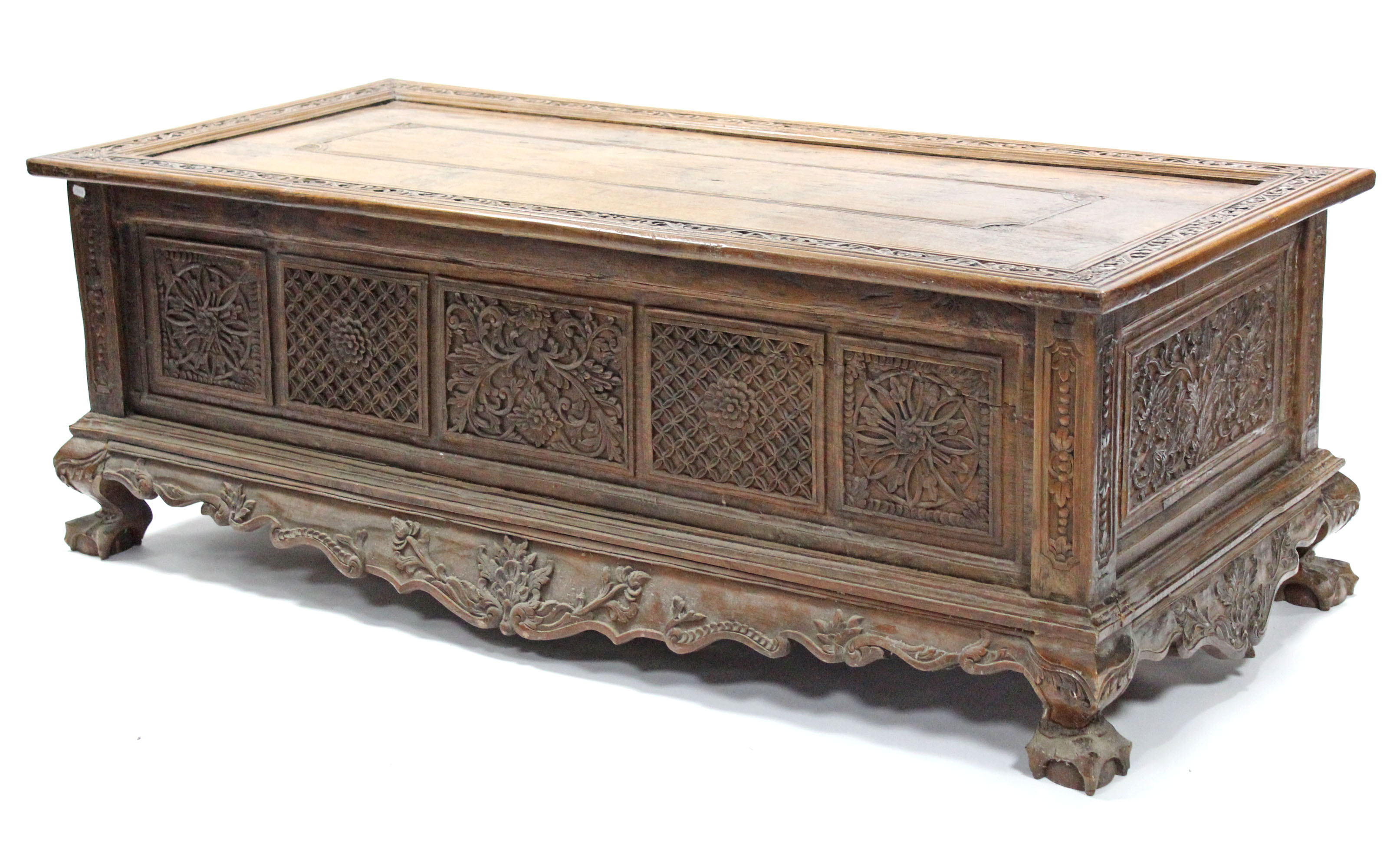 A 19th century INDONESIAN SOLID HARDWOOD CHEST, profusely carved to all sides with floral & - Image 8 of 11