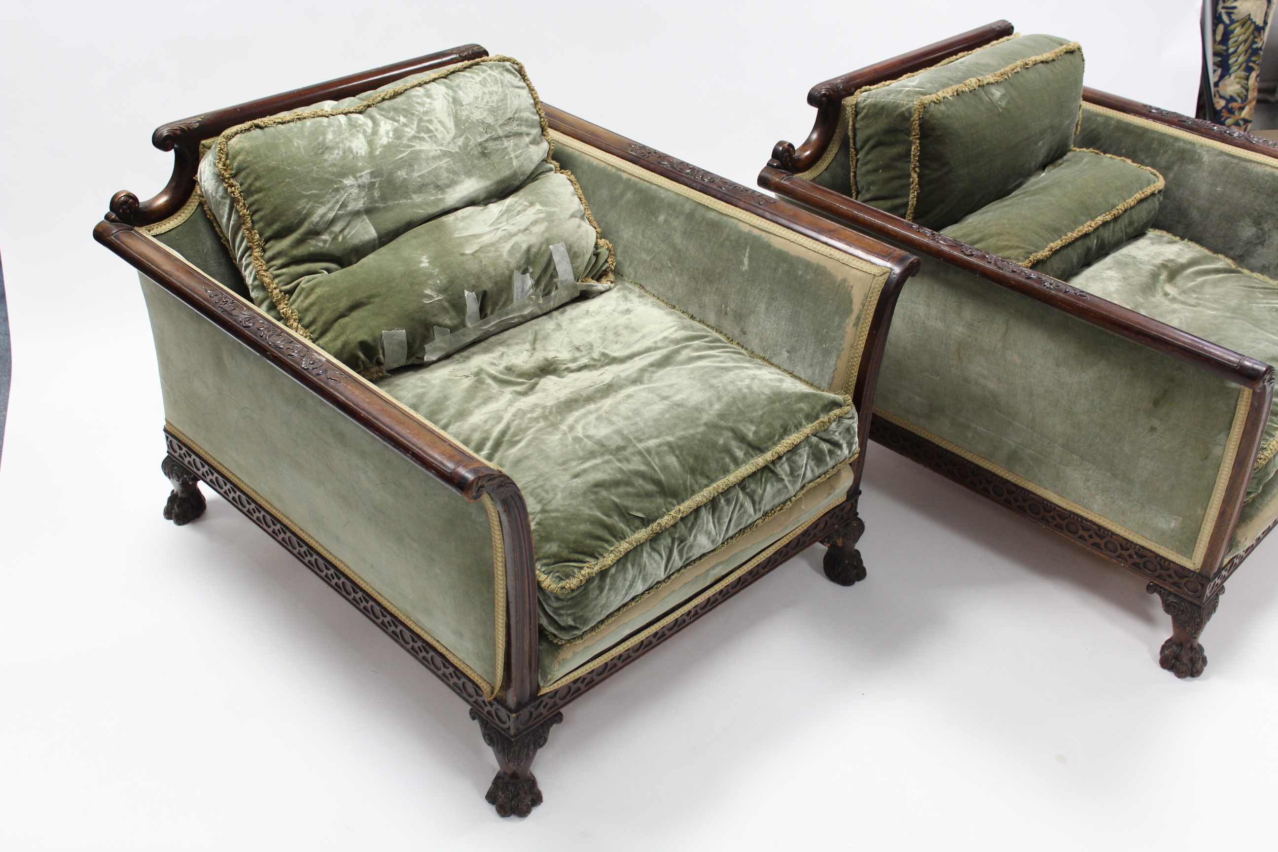 A late 19th/early 20th century carved mahogany frame three-piece suite with foliate arms, blind-fret - Image 8 of 12