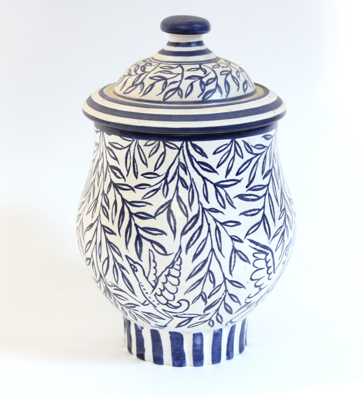 A Van der Straeten pottery blue & white baluster jar & cover, decorated with birds amongst