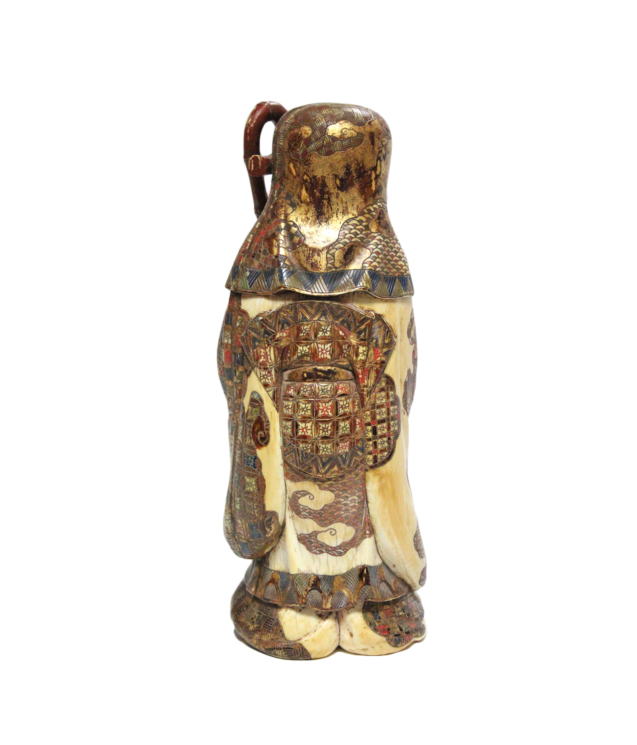 A JAPANESE CARVED IVORY LARGE OKIMONO OF FUKUROKUJU, dressed in flowing robes holding a fan & a - Image 3 of 4