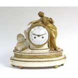 A 19th century French mantel clock, the 4½” white enamel convex dial with floral decoration & signed