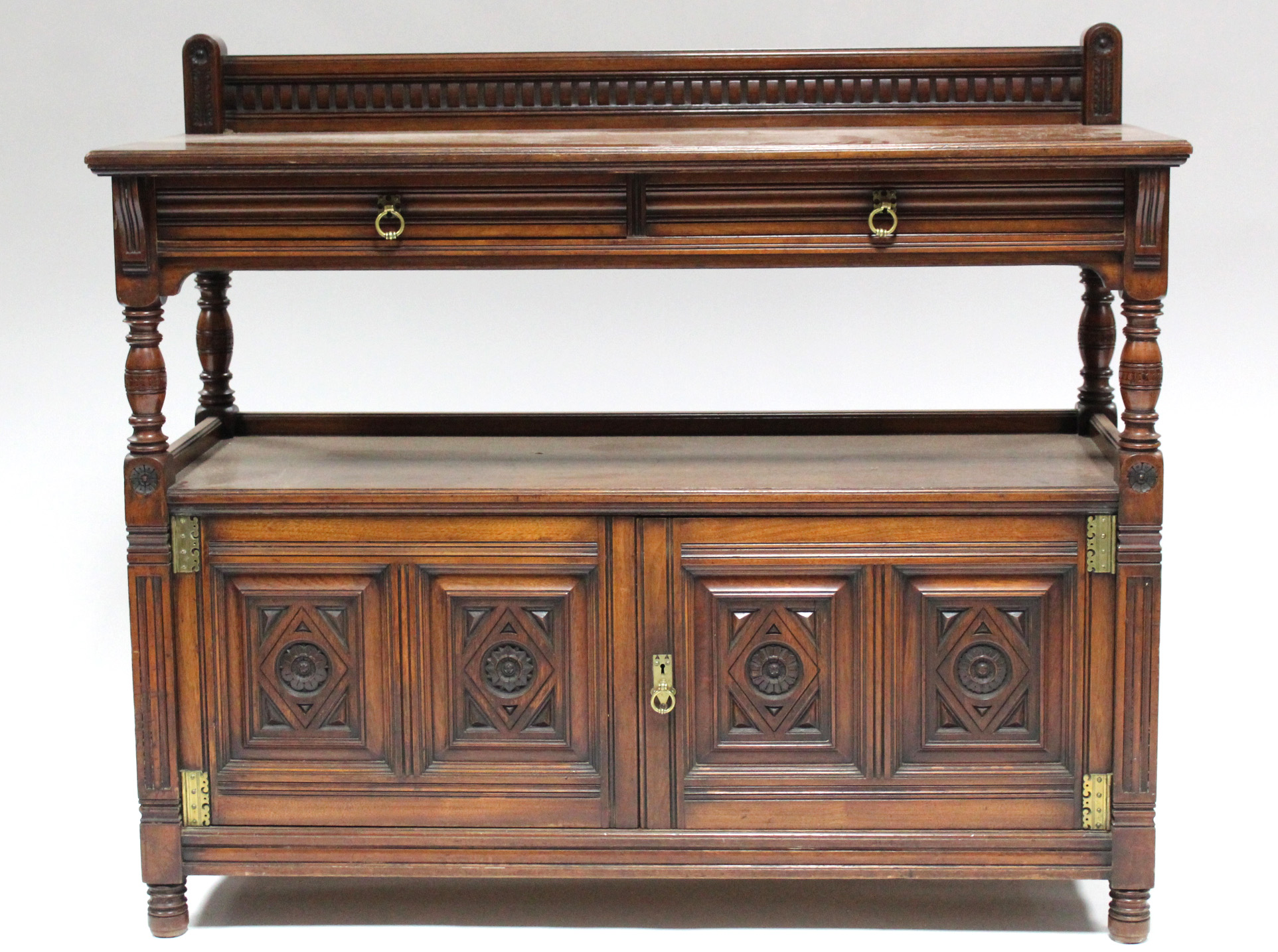 A late Victorian carved mahogany two-tier dumb waiter by Gillow & Co., fitted two frieze drawers - Image 2 of 7
