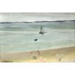 A pair of coastal scenes with figures & beach tents, small vessels on the water. Signed