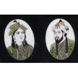 A pair of 19th century Indian portrait miniatures of a noble couple, 1½” x 1¼”, oval, mounted in one