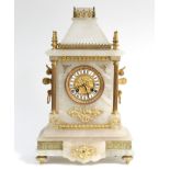 A 19th century French mantel clock in white alabaster architectural case with gilt-metal mounts,