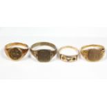 An 18ct. gold signet ring (5.9gm); a 15ct. gold ring (2.3gm, lacking gemstones); a 9ct. gold