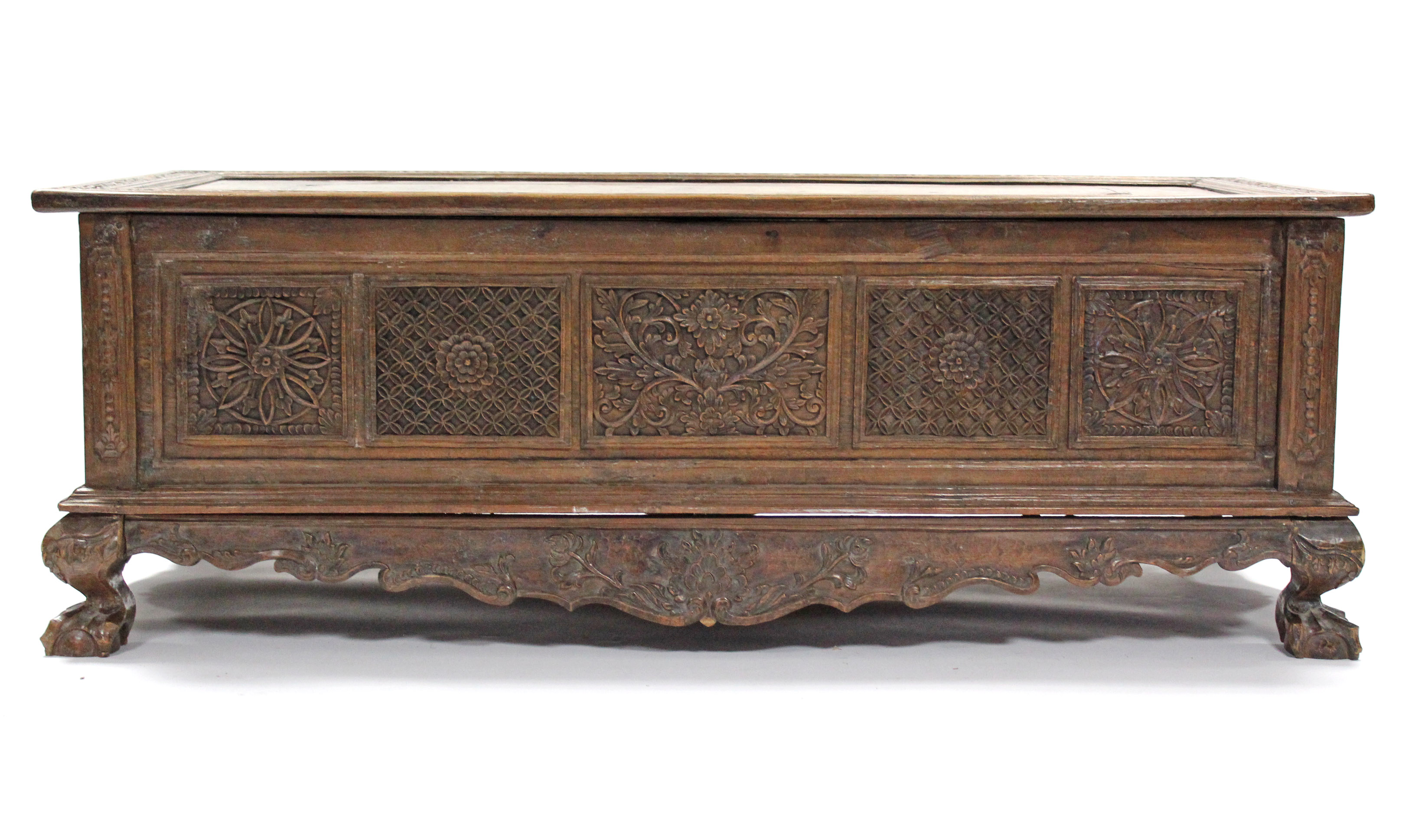 A 19th century INDONESIAN SOLID HARDWOOD CHEST, profusely carved to all sides with floral & - Image 5 of 11