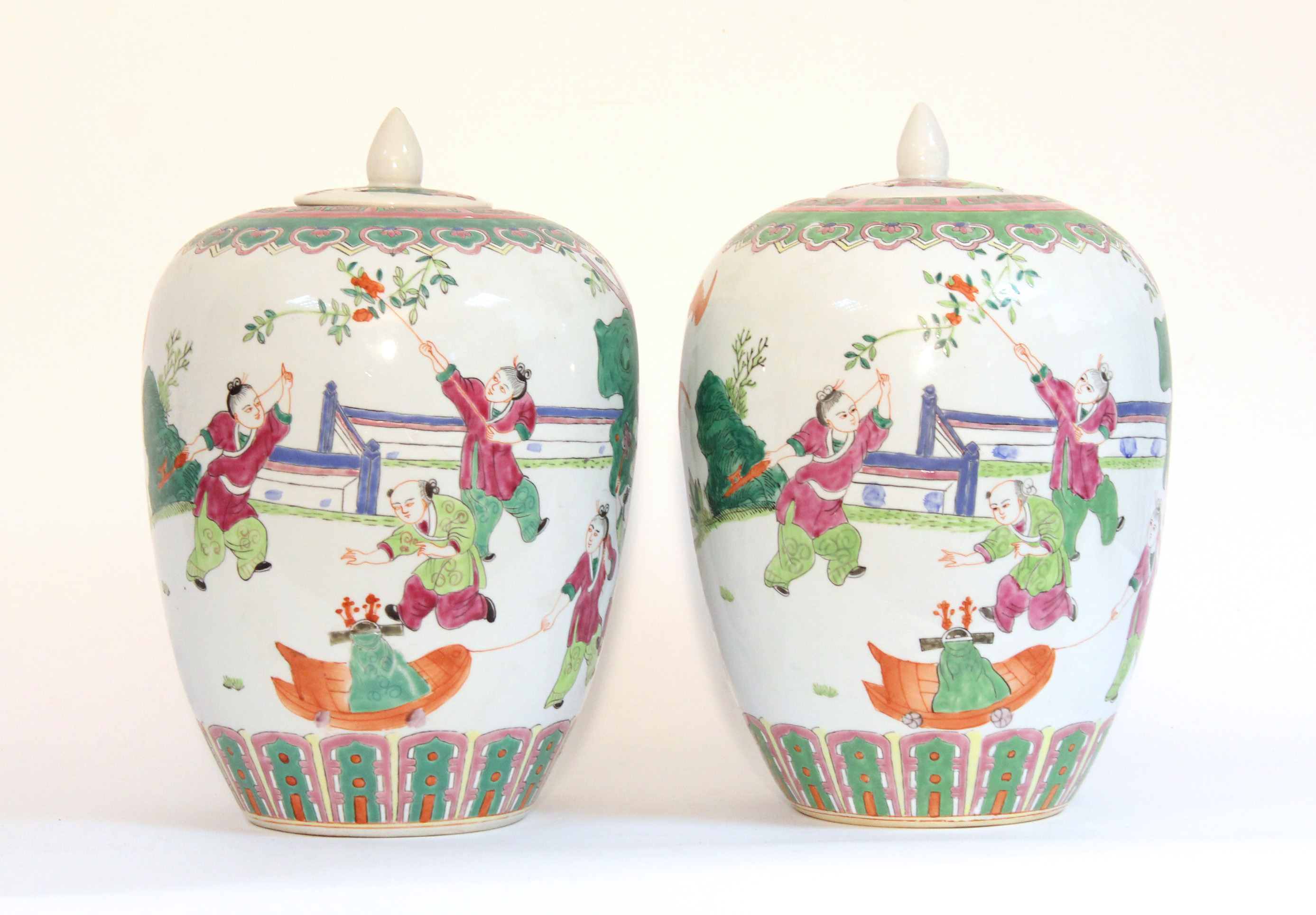 A pair of Chinese porcelain large ovoid vases & covers, decorated in famille verte enamels with - Image 4 of 10