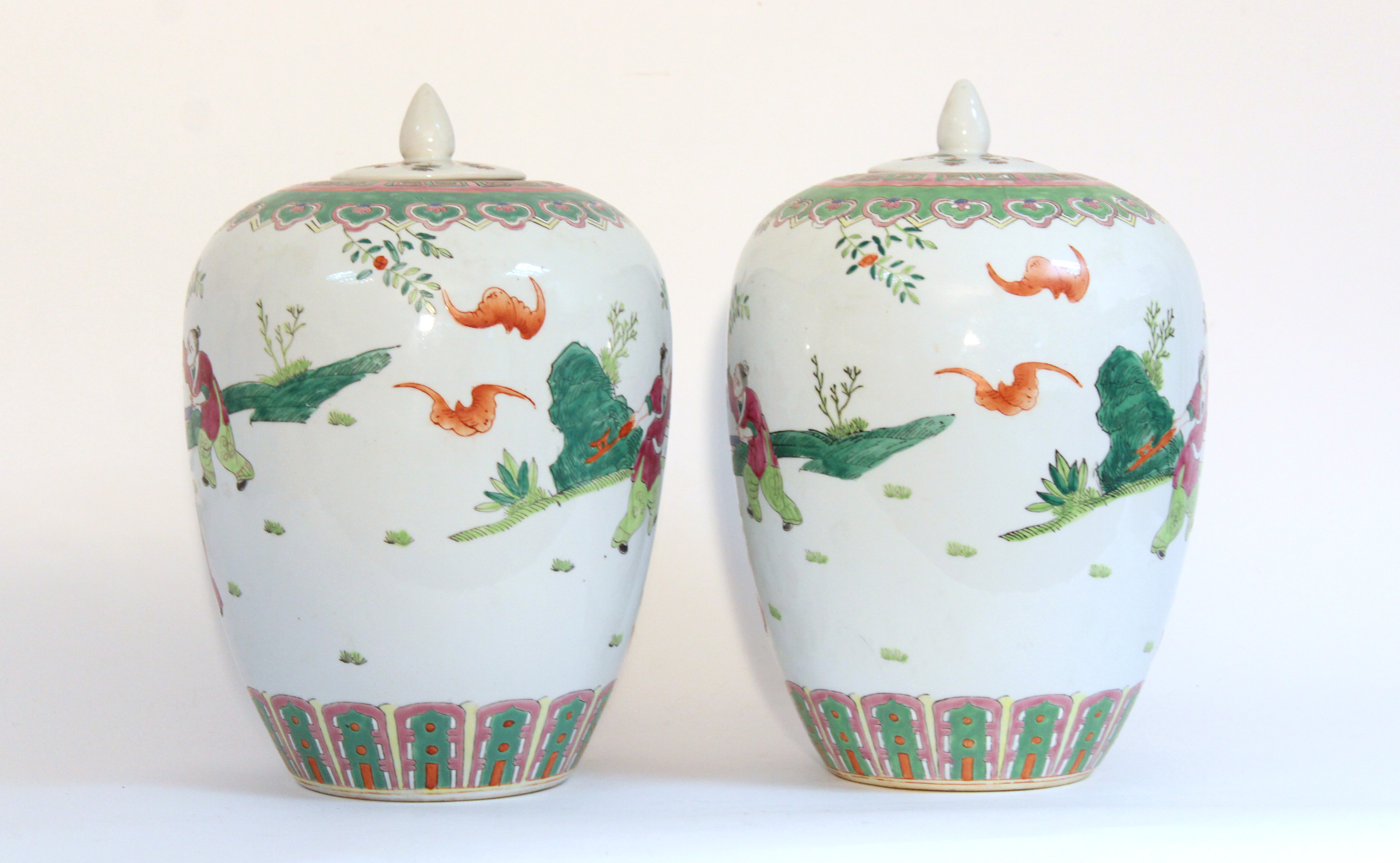 A pair of Chinese porcelain large ovoid vases & covers, decorated in famille verte enamels with - Image 3 of 10