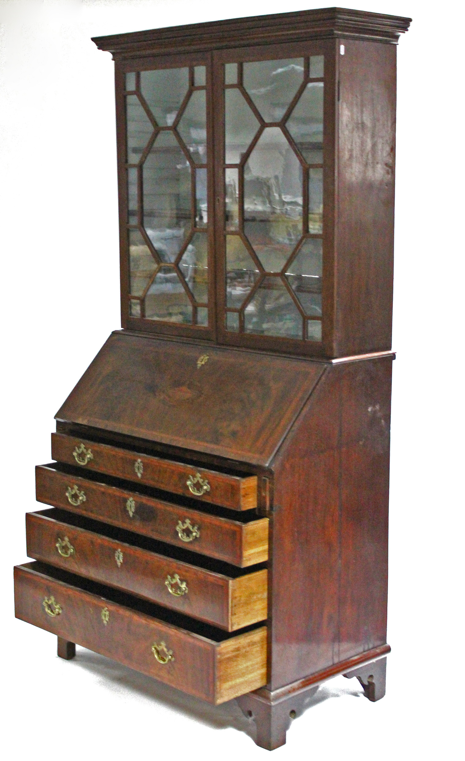 A late 18th century figured mahogany & crossbanded bureau-bookcase, with moulded cornice above three - Image 3 of 6