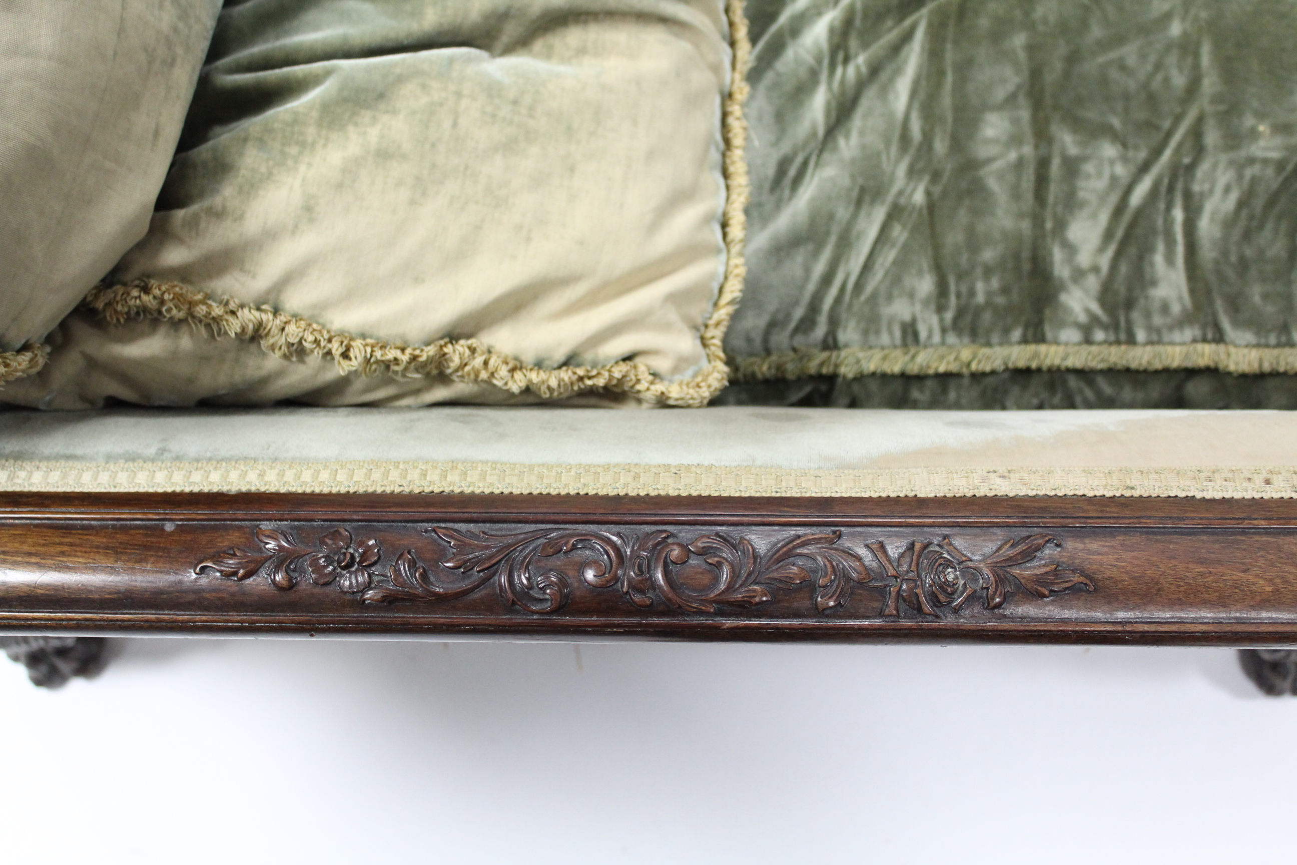 A late 19th/early 20th century carved mahogany frame three-piece suite with foliate arms, blind-fret - Image 5 of 12