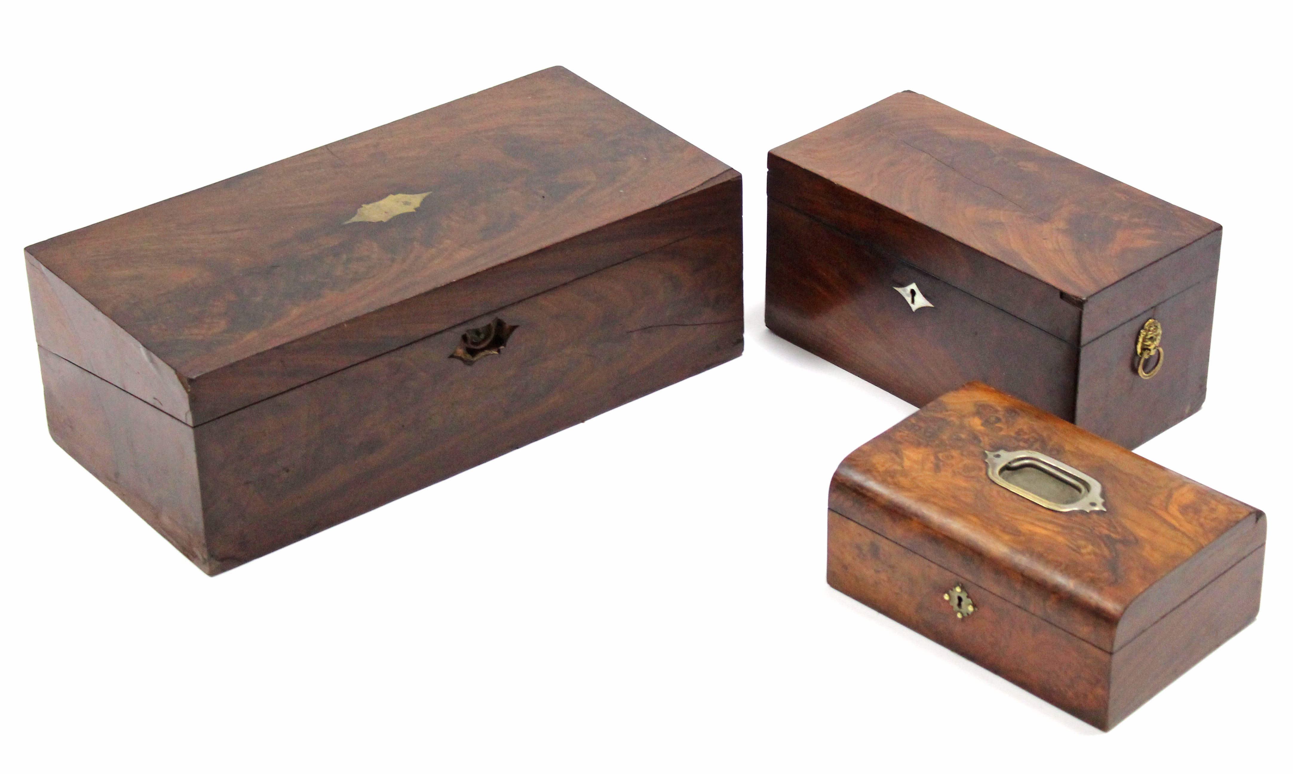 An early 19th century figured mahogany writing slope, 19¾” wide; a ditto tea caddy with lion-