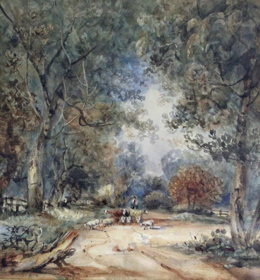 ENGLISH SCHOOL, 19th century. A woodland path with cattle, drover & flock. Watercolour: 12½” x