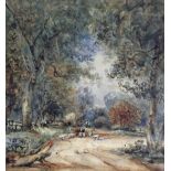 ENGLISH SCHOOL, 19th century. A woodland path with cattle, drover & flock. Watercolour: 12½” x