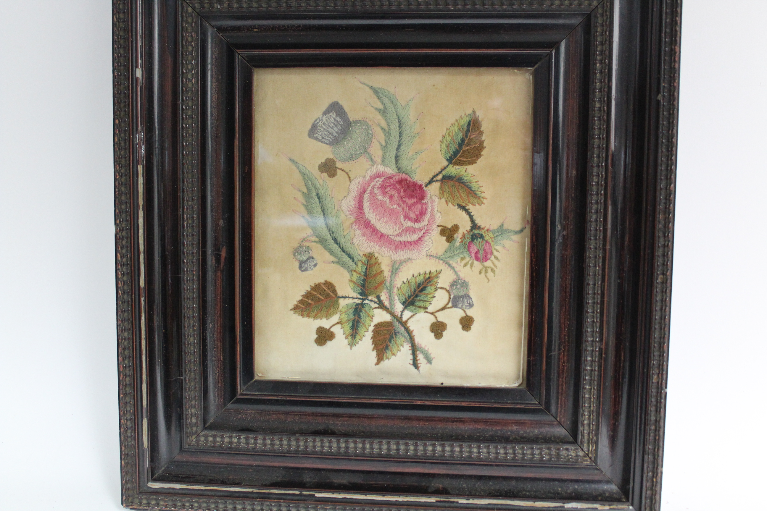 A 19th century embroidered needlework depicting the Scottish thistle, English rose, & Irish - Image 2 of 3