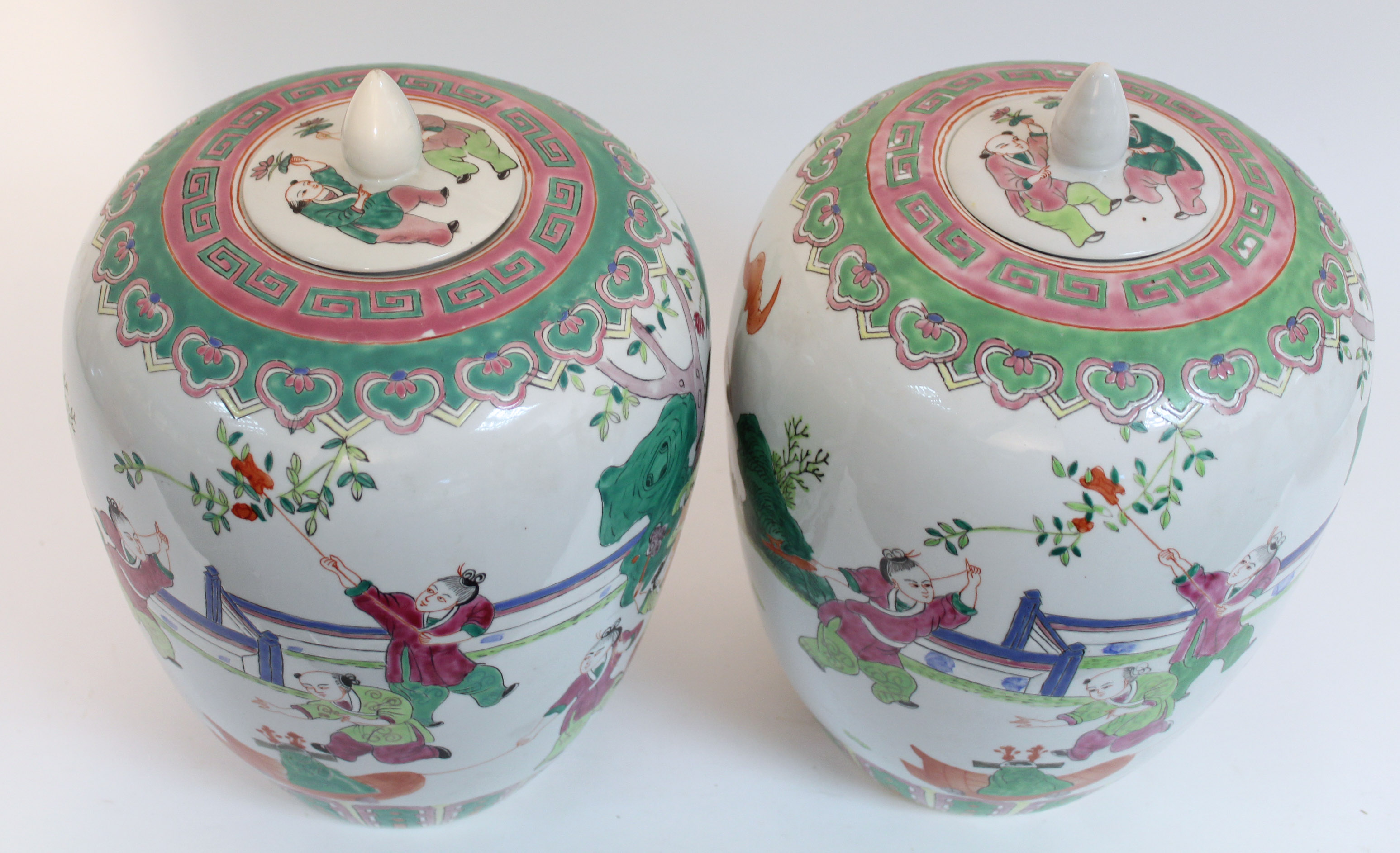 A pair of Chinese porcelain large ovoid vases & covers, decorated in famille verte enamels with - Image 8 of 10