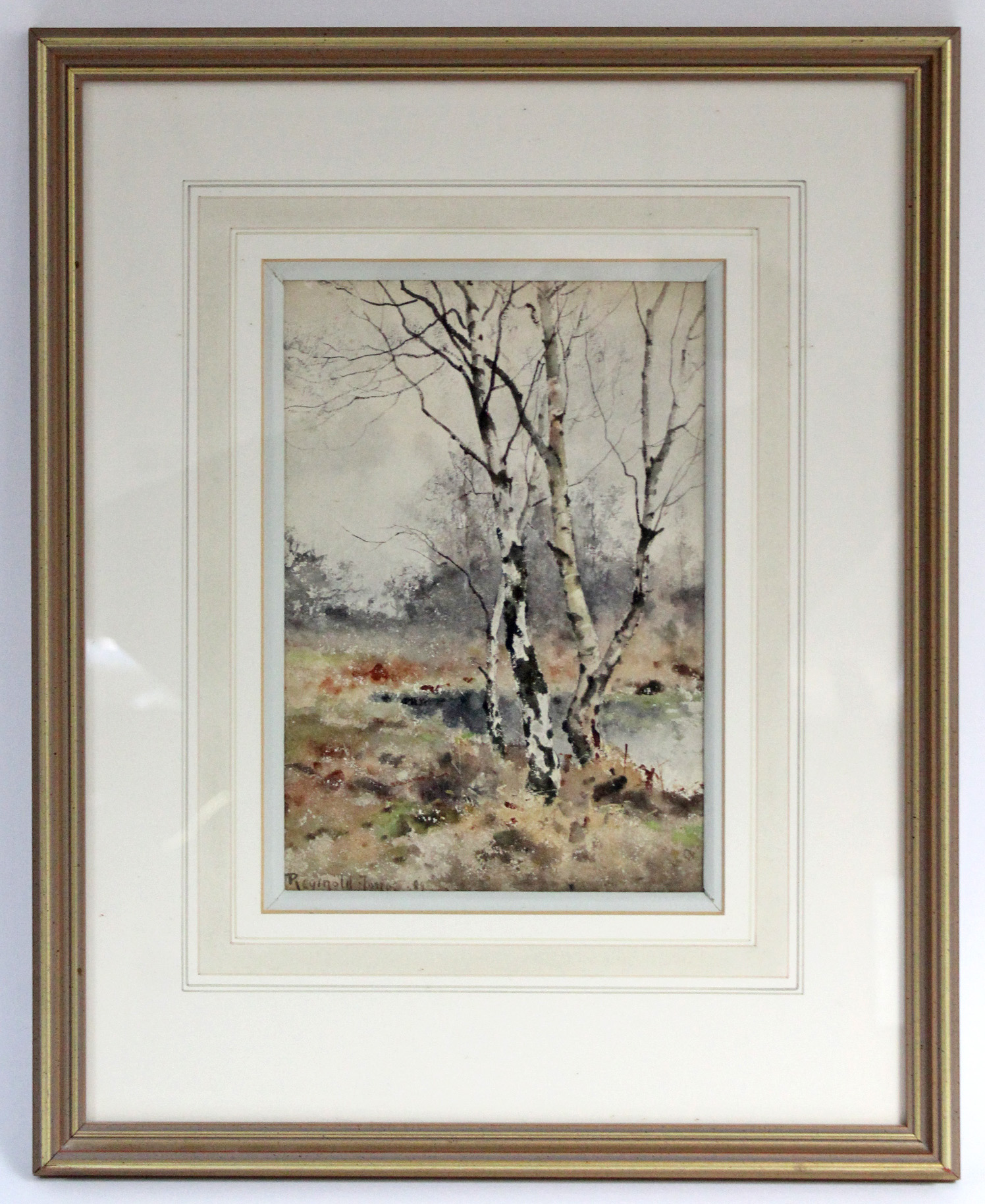 JONES, Reginald T. (1857-1904). A study of silver birch in marshland, titled “Mid Winter”. - Image 2 of 4